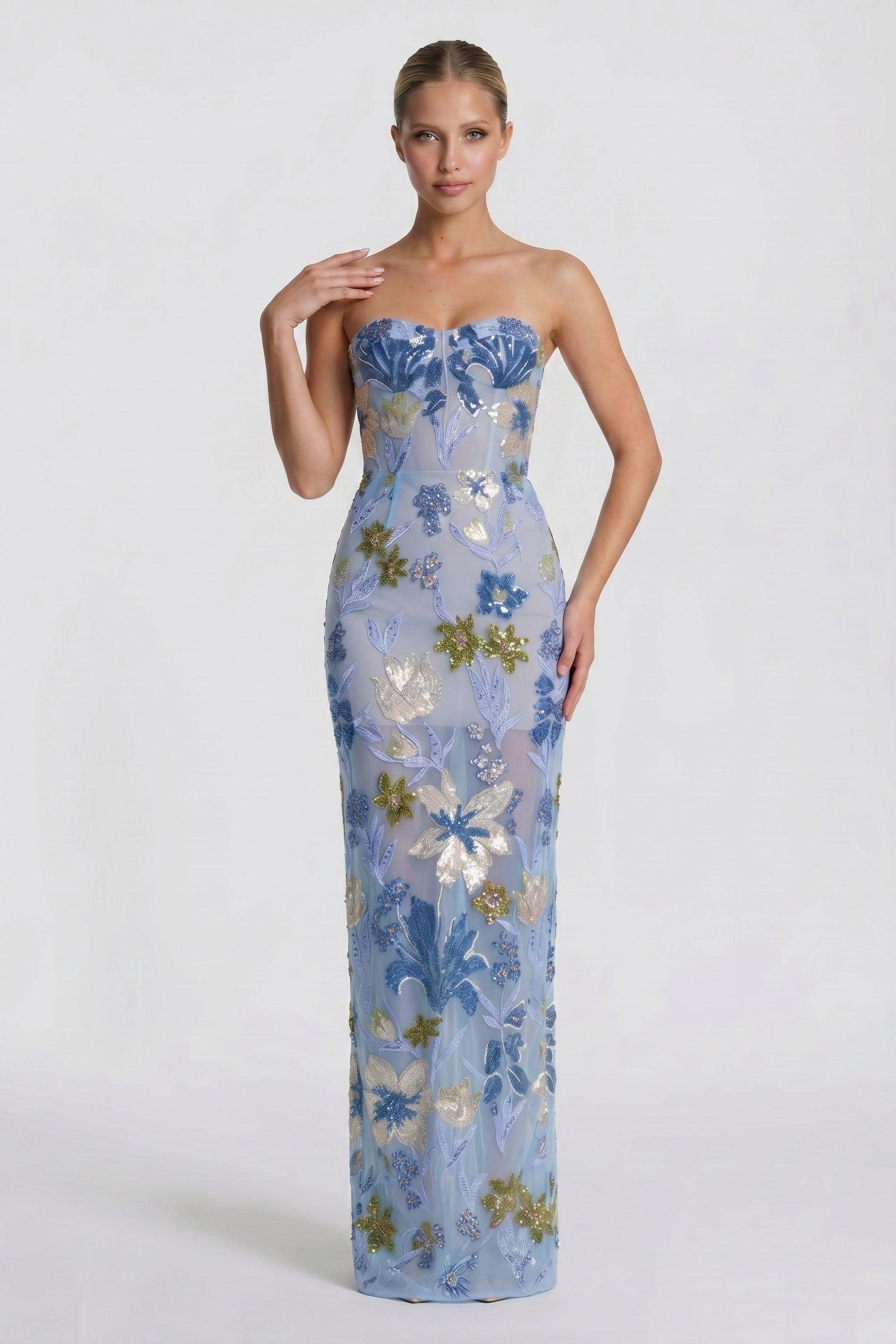 Sheath-Column Maxi Lace Wedding Guest Dress CG0320 - As Picture:Dusty Blue/Nude - COCOMELODY